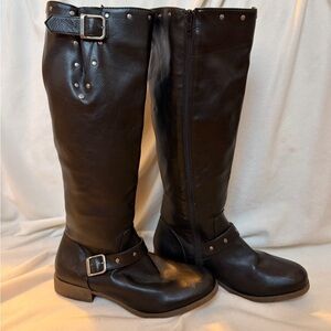 Olsenboye Dark Faux Leather Moto Boots with Stud Accents